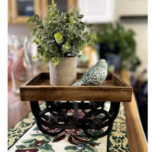 Wood Wagon Tray on Wheels Rustic Home Decor Stand Black Metal small Serving Tray